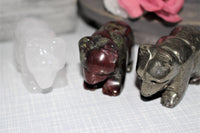 cute two inch long carved crystal bears choice of quartz, pyrite, dragon bloodstone. 23.00 dollars a piece 