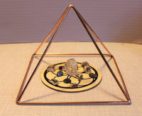 copper pyramid Size is 6x6 inches around and 4 inches in height.  Cost 25.00 dollars
