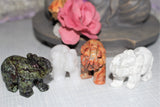 carved crystal elephants, 2 inches or 5cm in size. choice of crazy lace agate, dragon bloodstone, Howlite or quartz. 20.00 dollars a piece